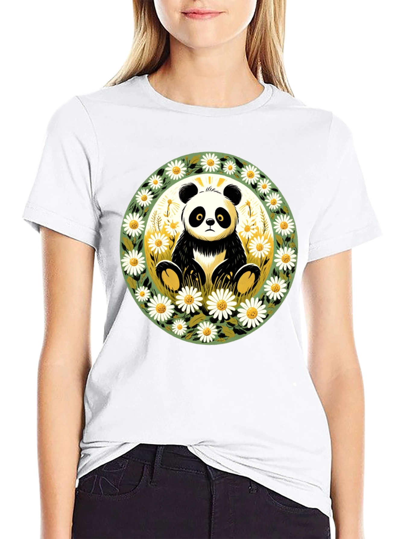 Panda Surrounded by Daisies Black T-Shirt