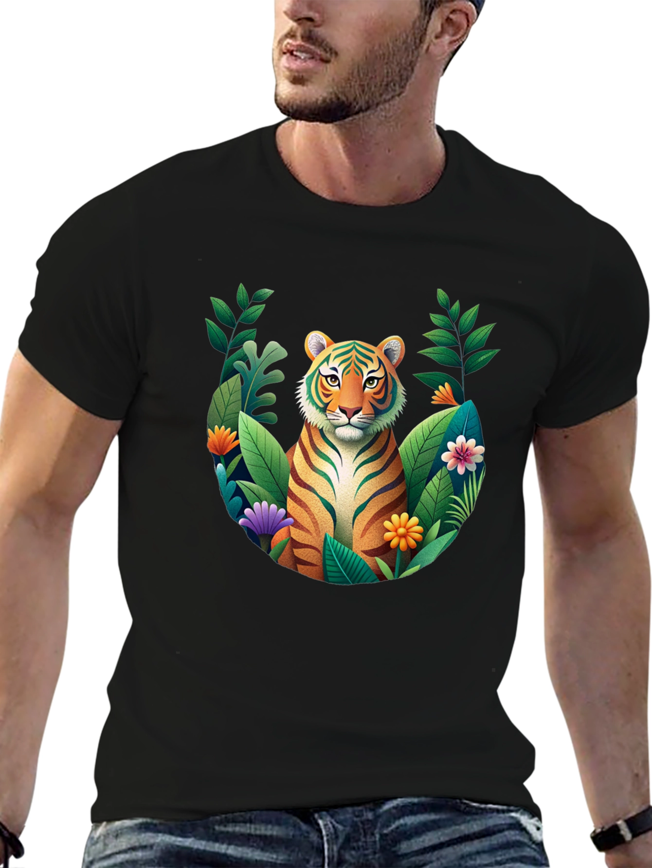 Tiger Floral Graphic Black T-Shirt