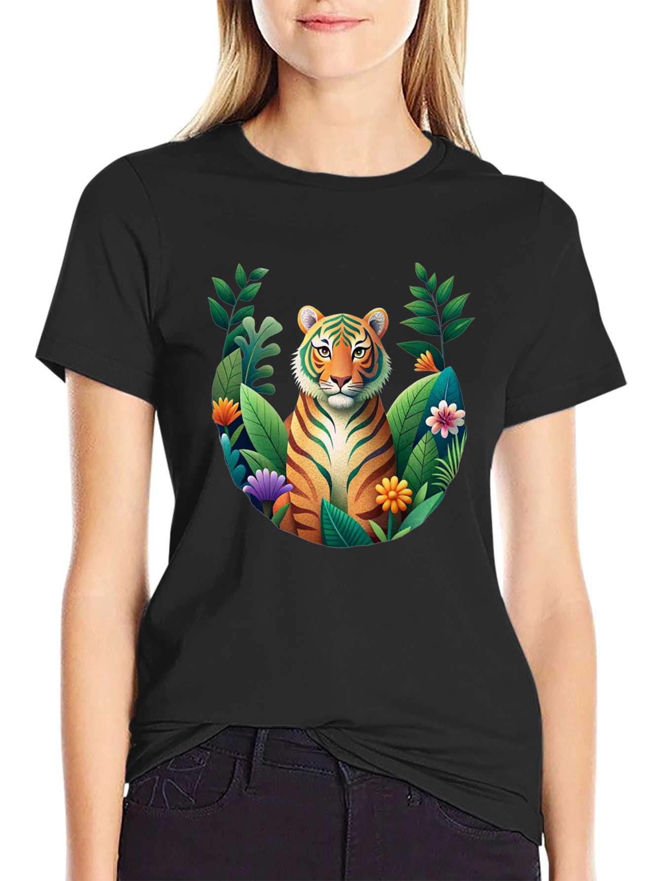 Tiger Floral Graphic Black T-Shirt