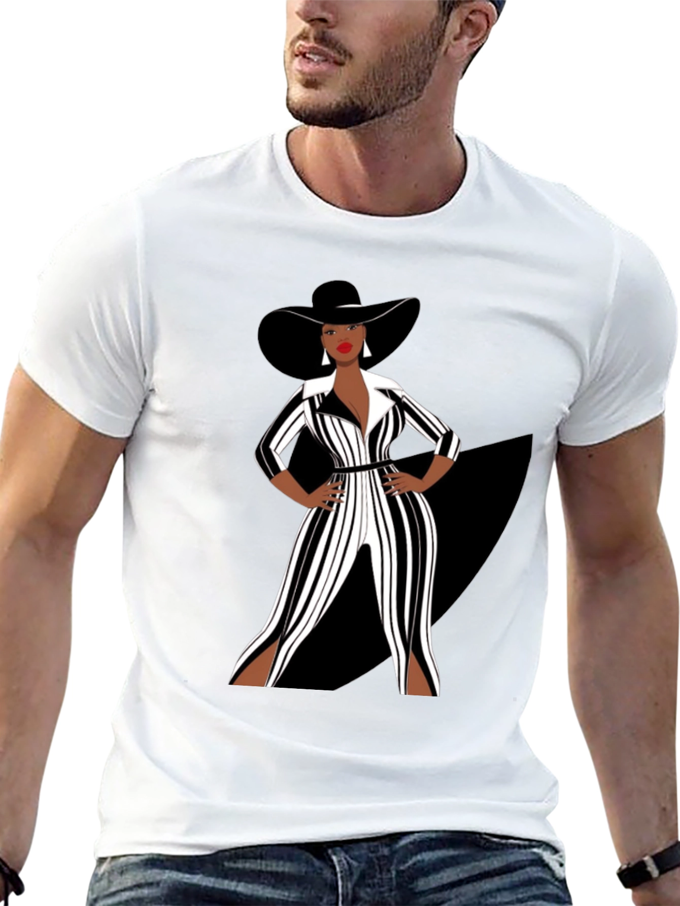 Stylish Woman in Black and White Striped Jumpsuit T-Shirt