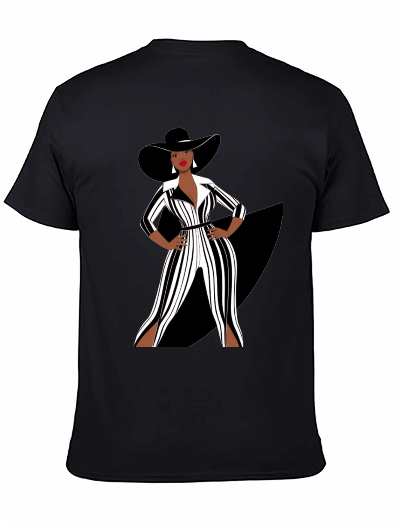 Stylish Woman in Black and White Striped Jumpsuit T-Shirt