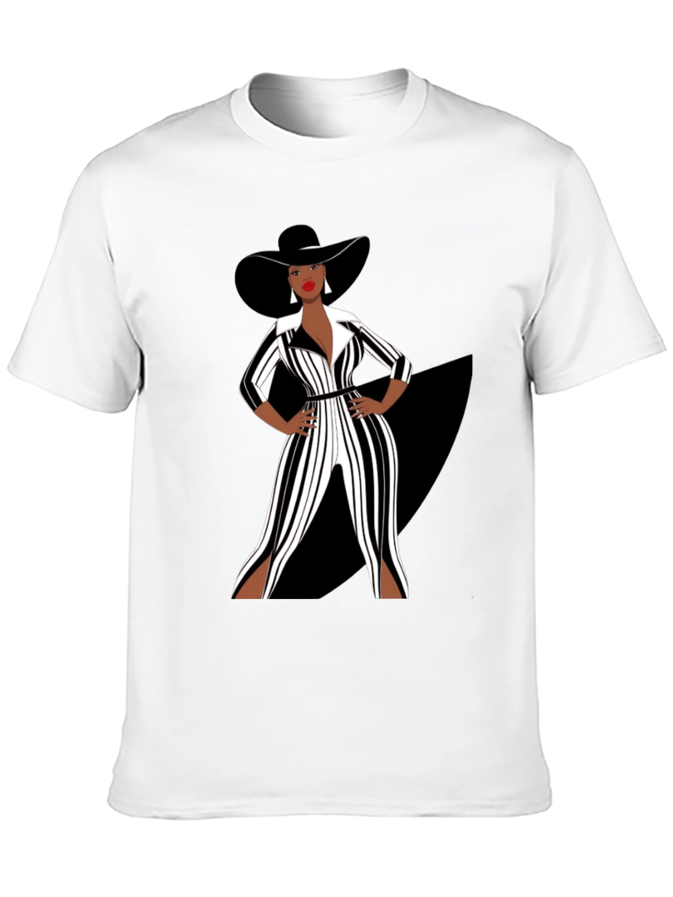 Stylish Woman in Black and White Striped Jumpsuit T-Shirt