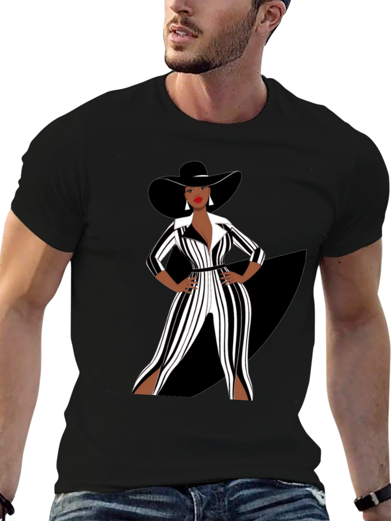 Stylish Woman in Black and White Striped Jumpsuit T-Shirt