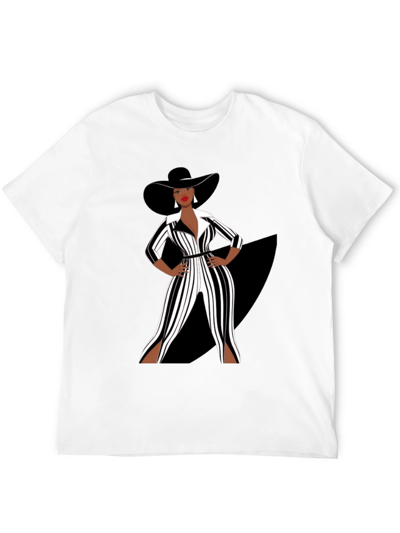 Stylish Woman in Black and White Striped Jumpsuit T-Shirt