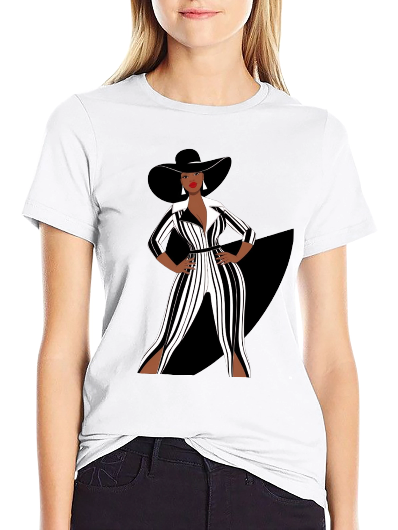 Stylish Woman in Black and White Striped Jumpsuit T-Shirt