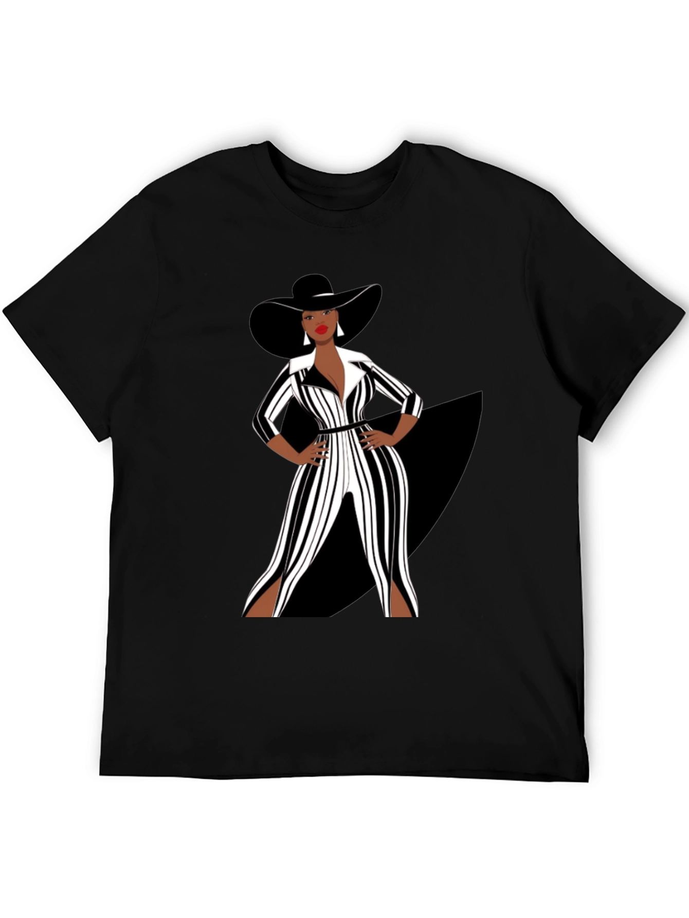 Stylish Woman in Black and White Striped Jumpsuit T-Shirt