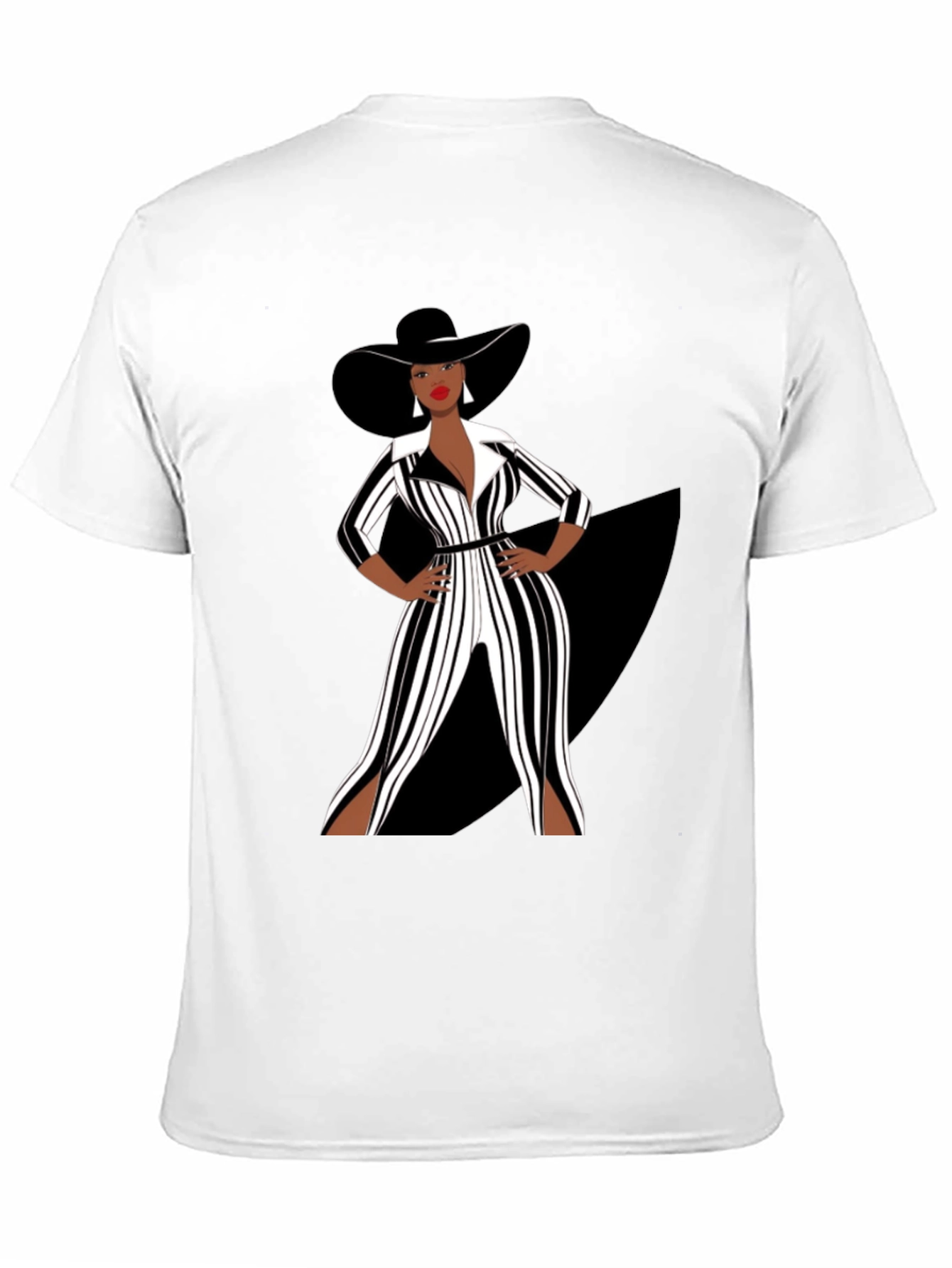 Stylish Woman in Black and White Striped Jumpsuit T-Shirt