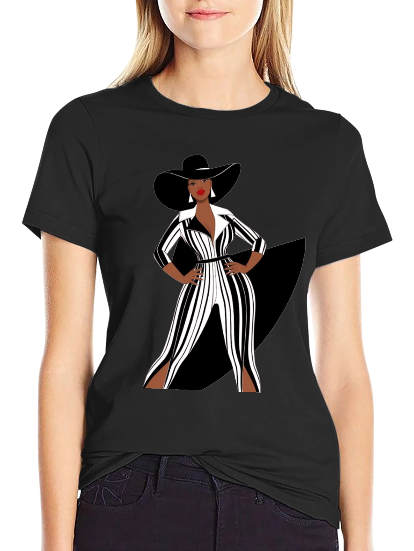 Stylish Woman in Black and White Striped Jumpsuit T-Shirt