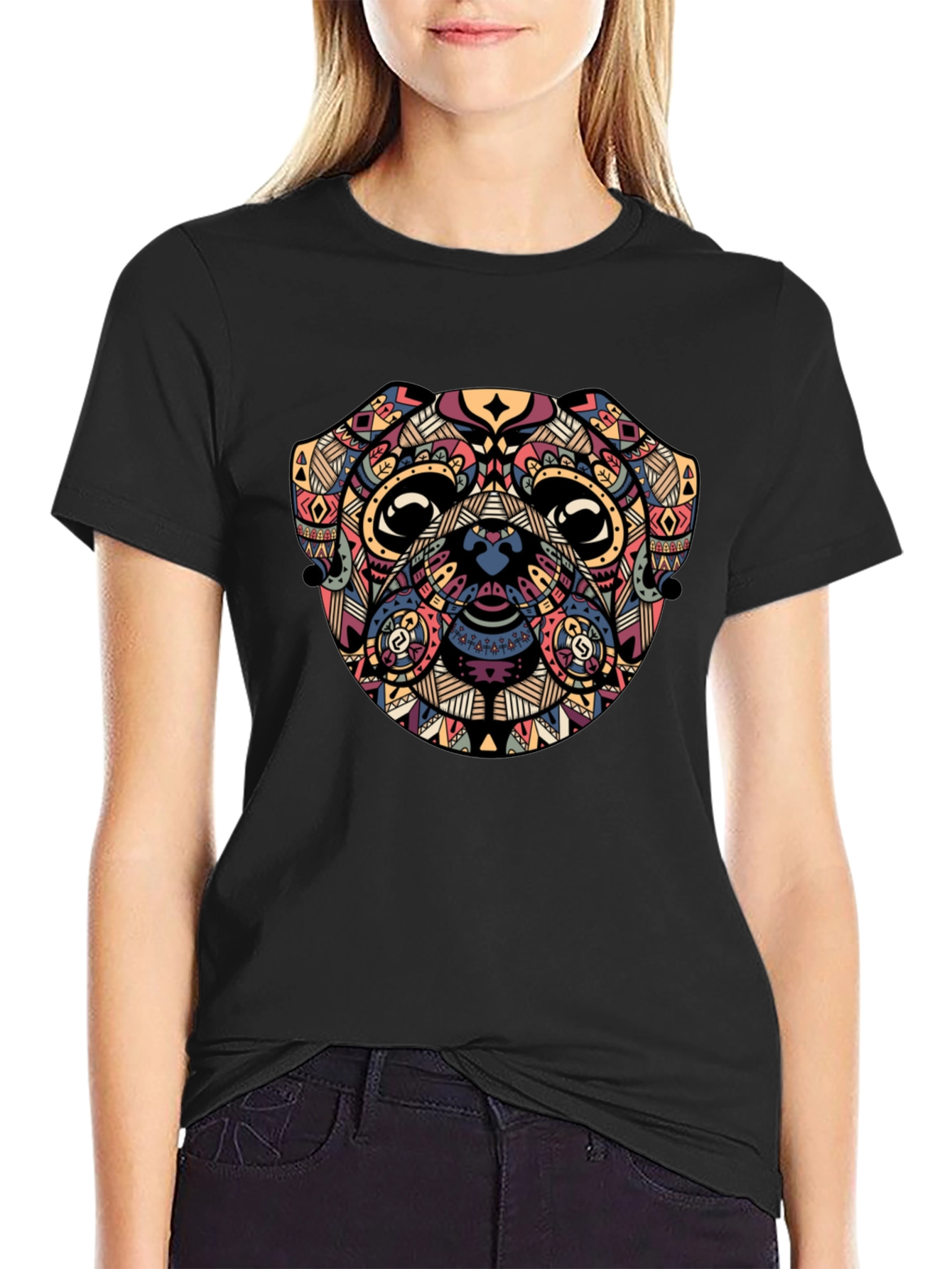 Geometric Pug Graphic Black T-Shirt