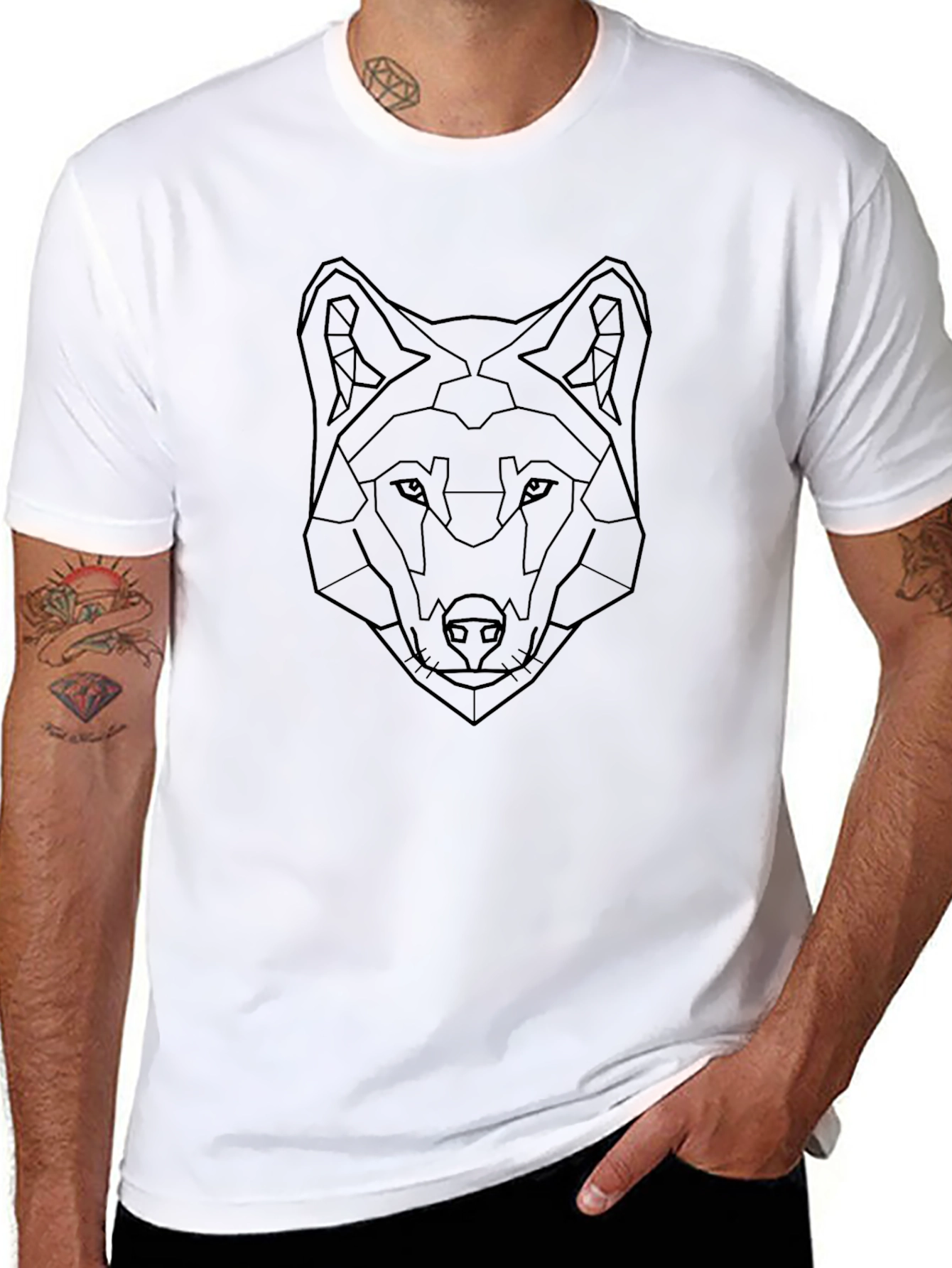 Geometric Wolf Graphic Black T-Shirt