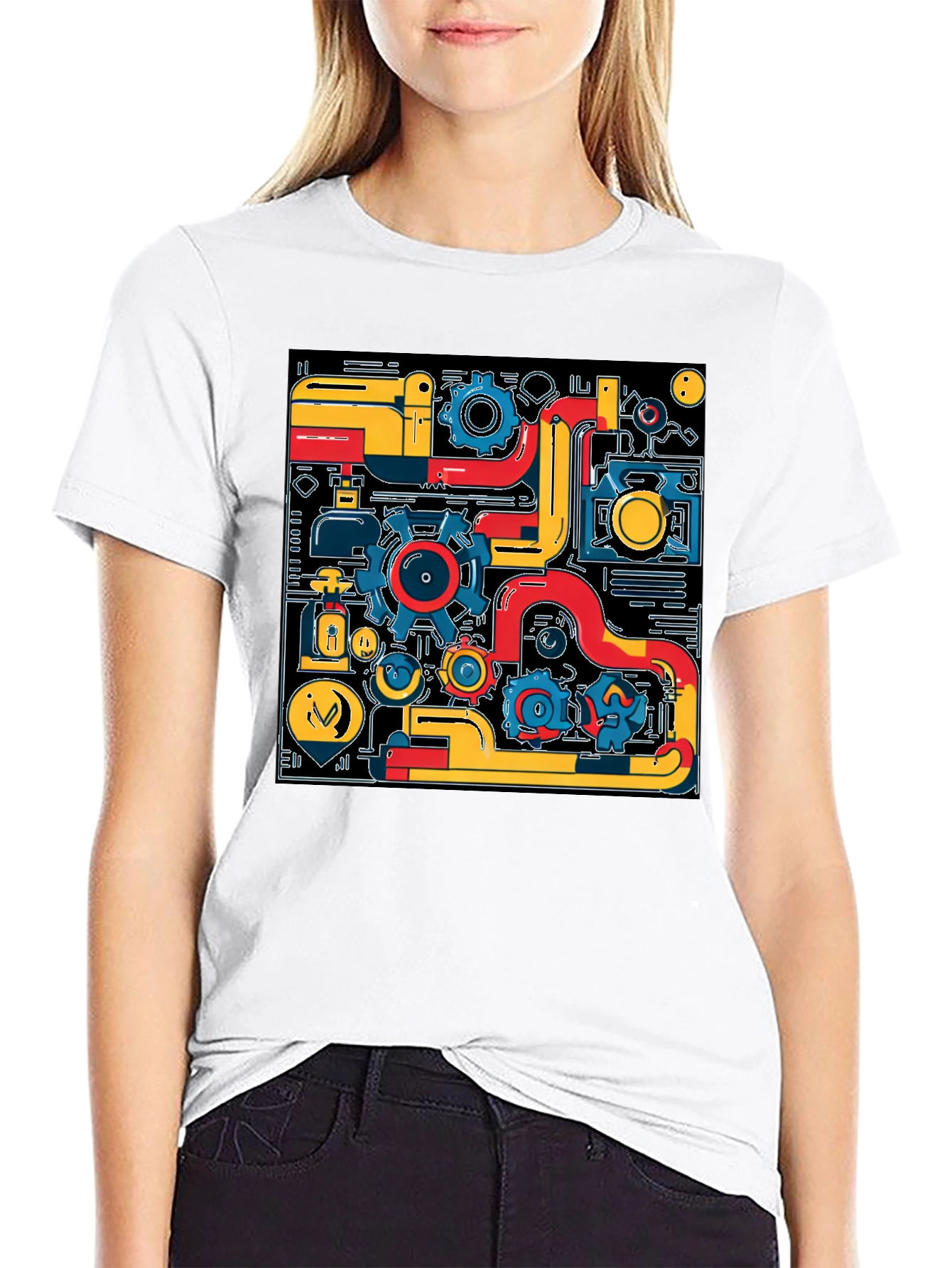 Abstract Tech Gear Graphic Print Black T-Shirt