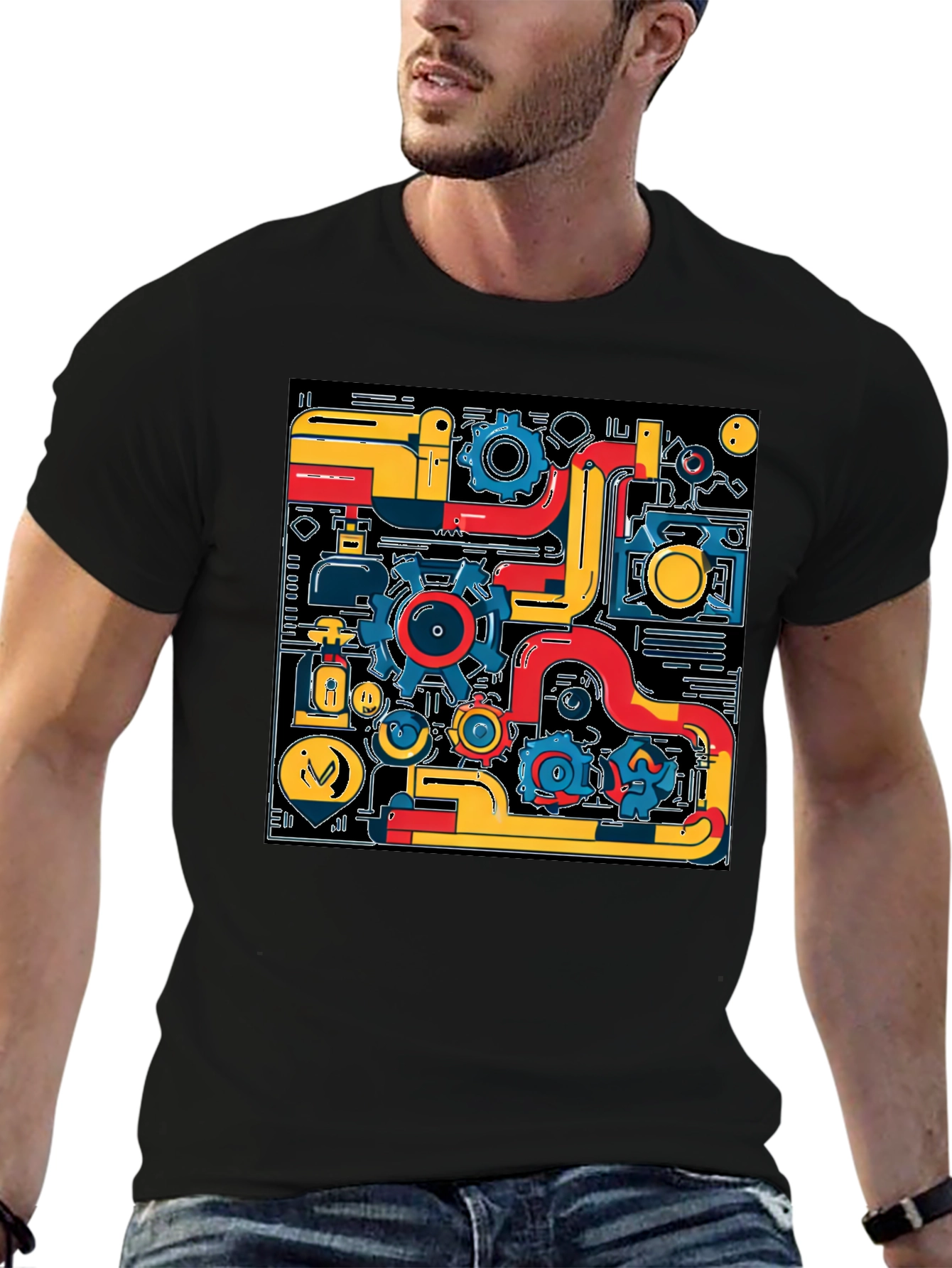 Abstract Tech Gear Graphic Print Black T-Shirt
