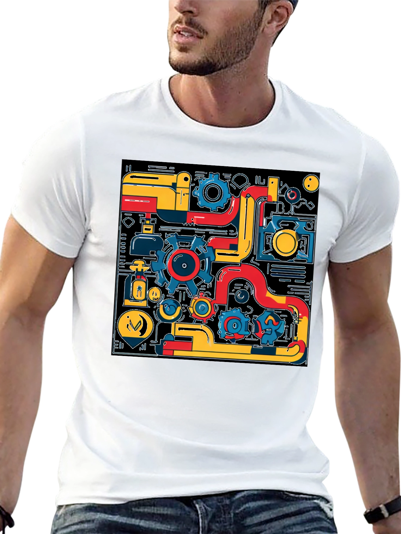 Abstract Tech Gear Graphic Print Black T-Shirt