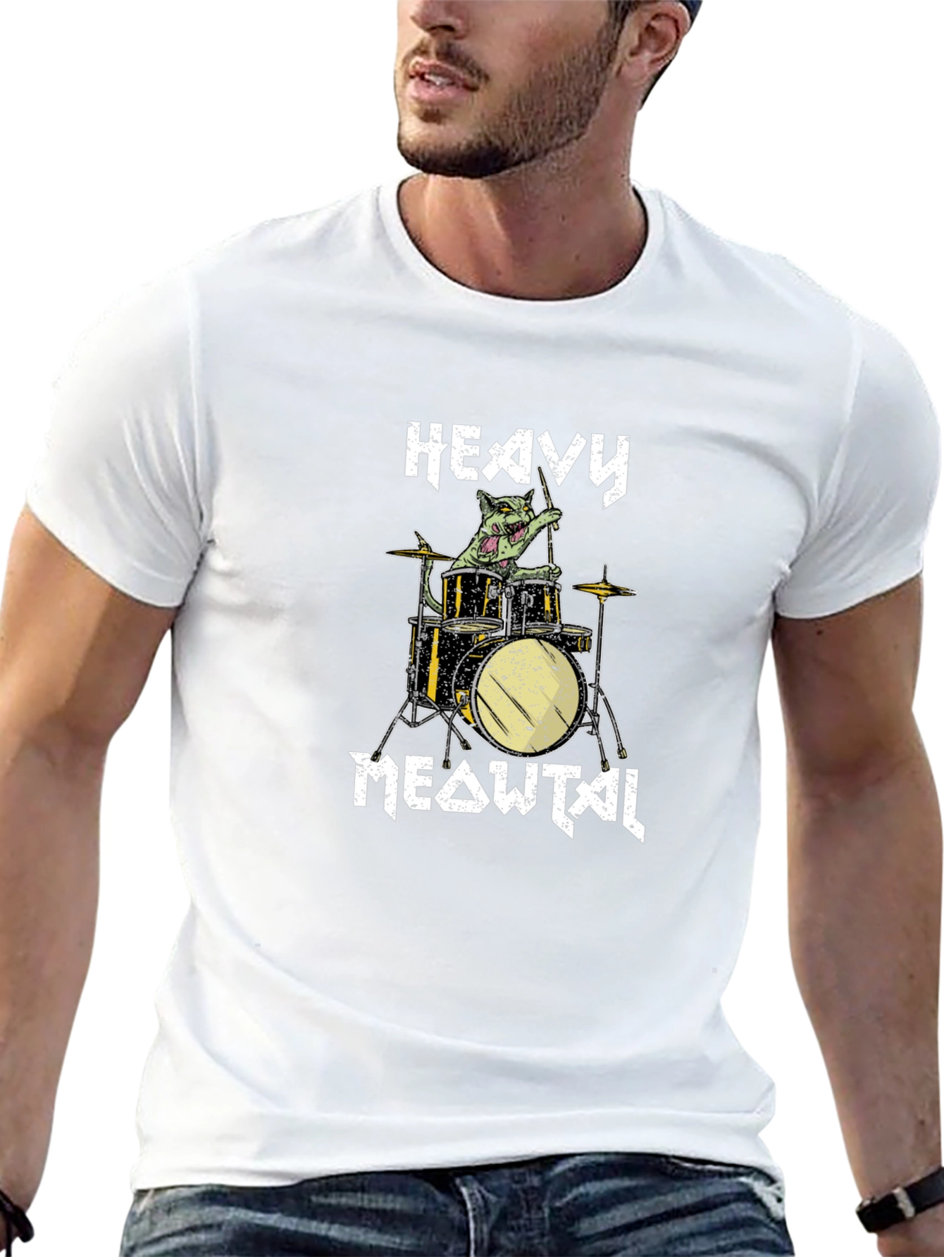 Heavy Meowtal Drummer Cat Graphic T-Shirt