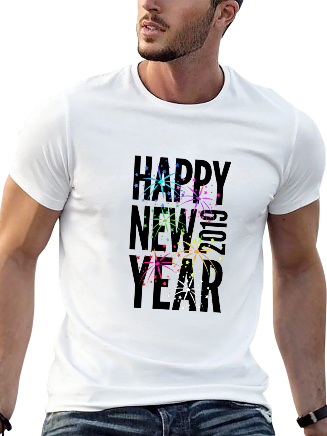 Festive New Year Fireworks Graphic Tee - Black
