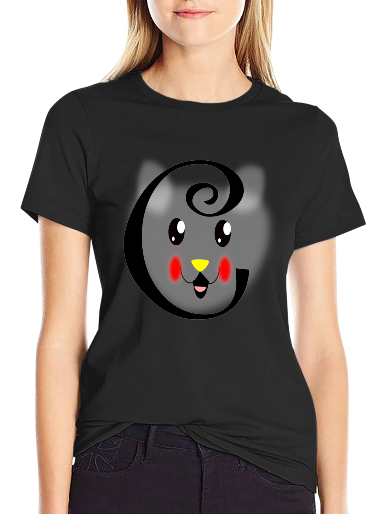 Cute Cat Initial G Black T-Shirt