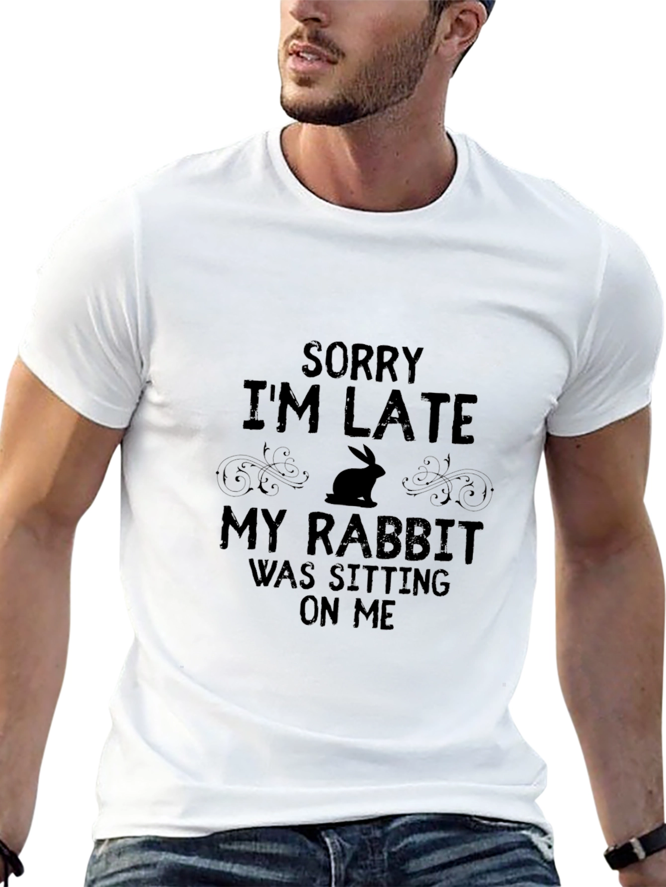 Funny Rabbit Graphic T-Shirt - Sorry Im Late