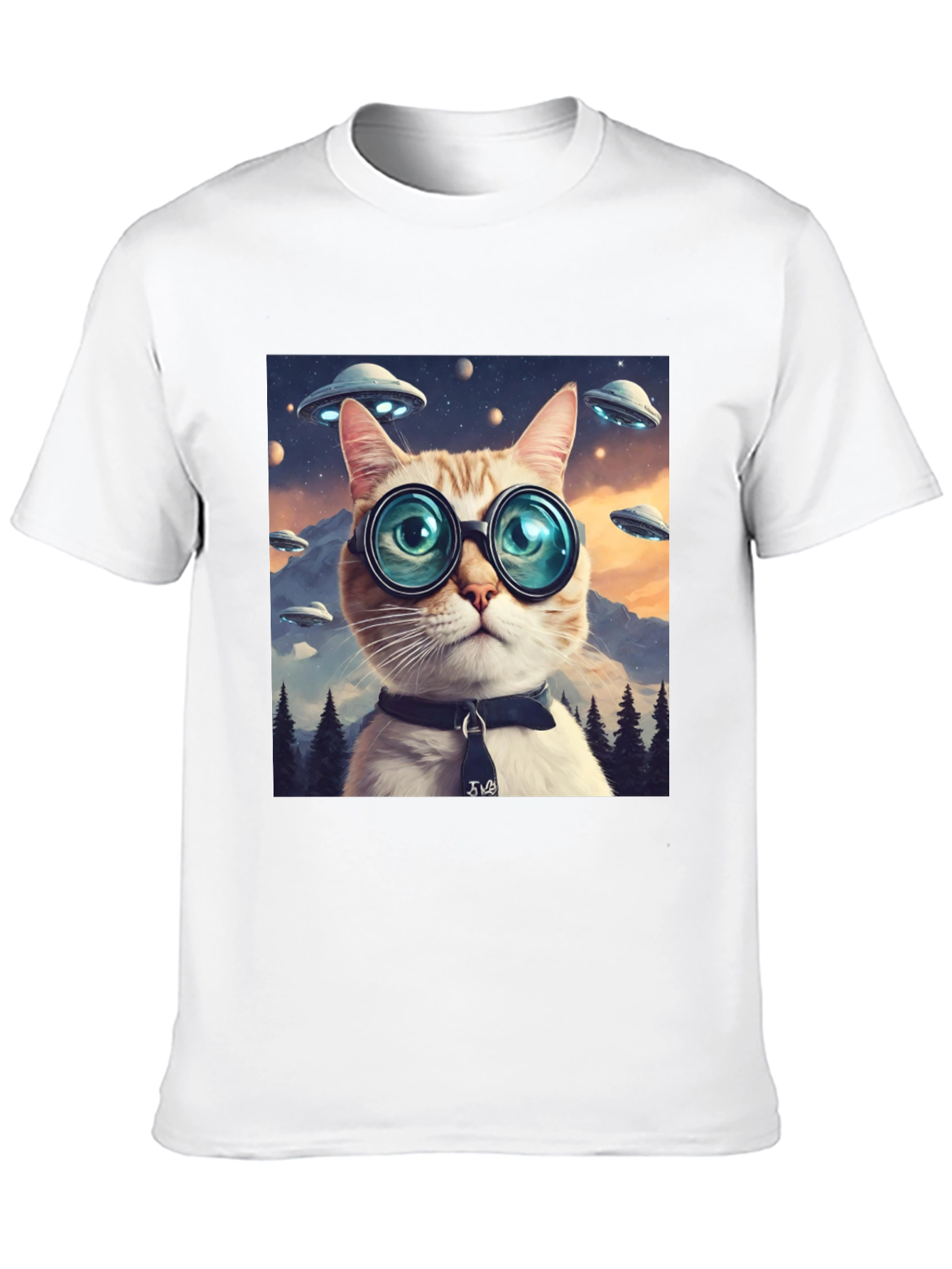 Cosmic Cat T-Shirt - UFOs and Glasses