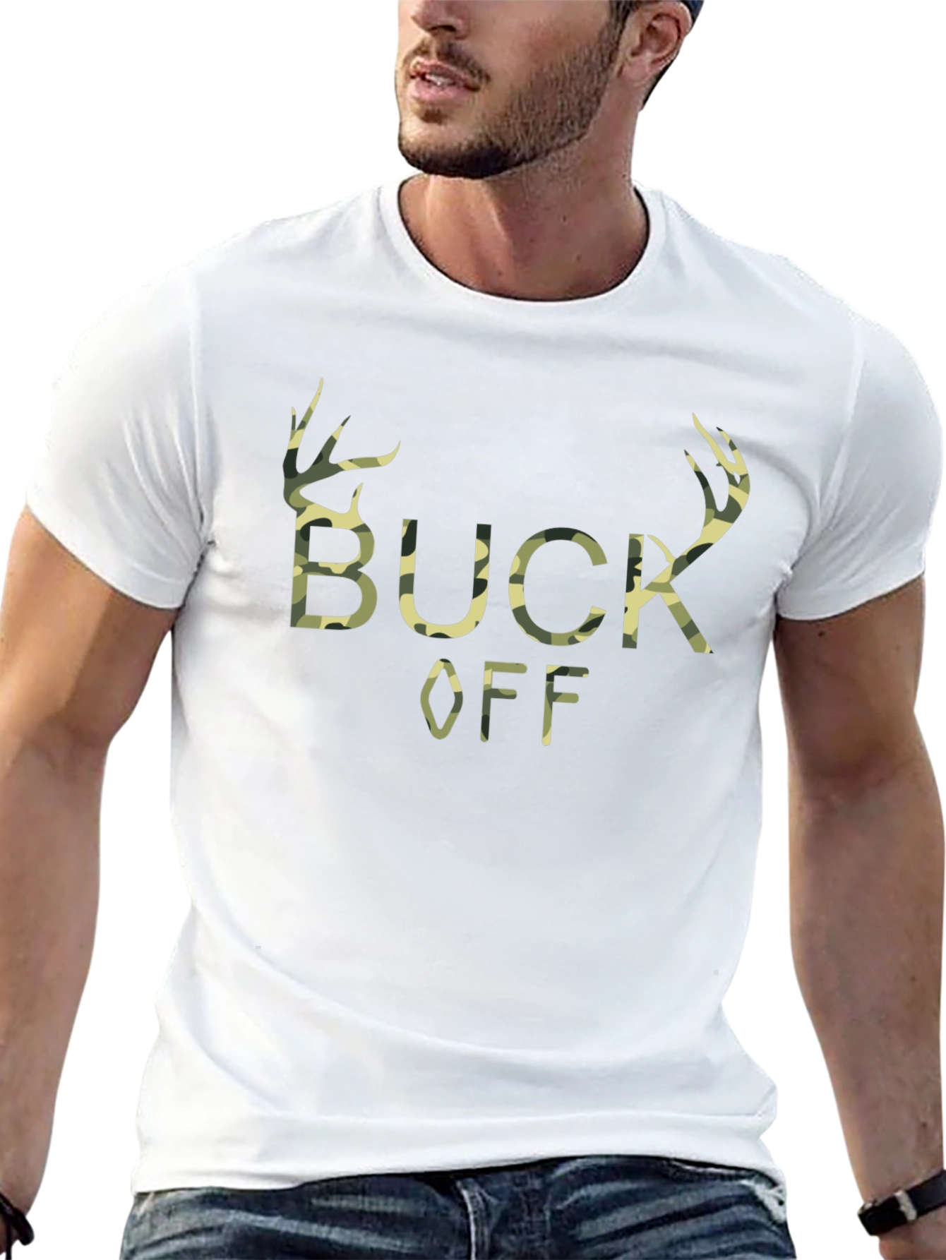 Buck Off Camo Print Graphic T-Shirt