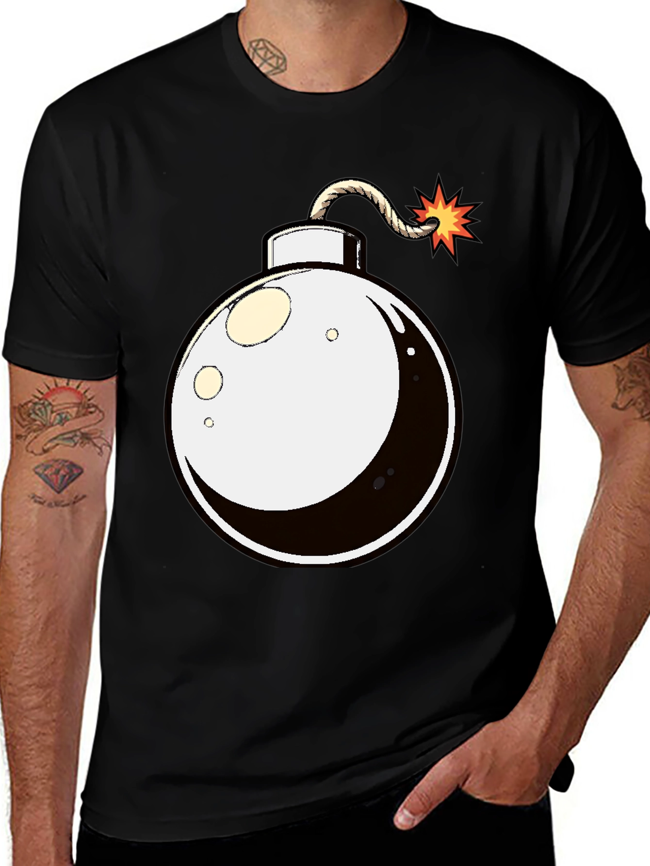 Cartoon Bomb Graphic Tee - Black Cotton T-Shirt