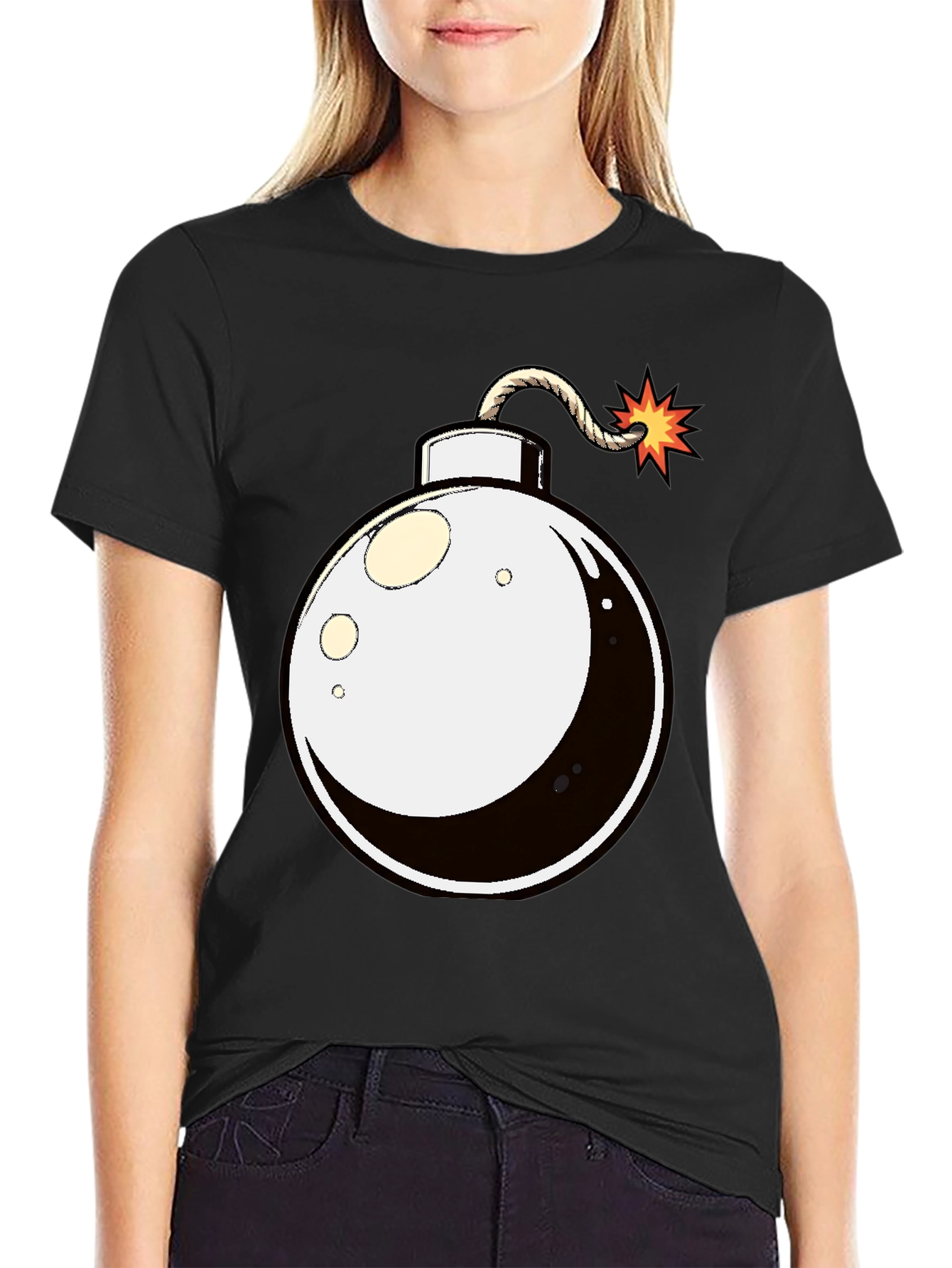 Cartoon Bomb Graphic Tee - Black Cotton T-Shirt