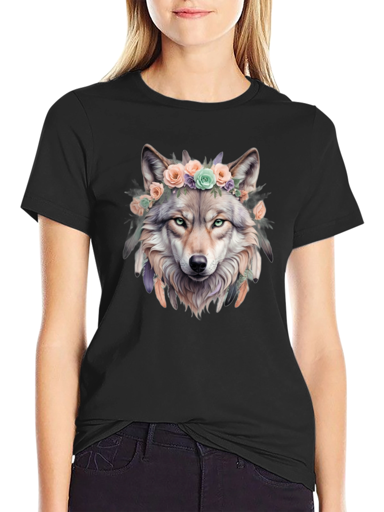 Wolf Flower Crown Graphic Tee - Unique Design