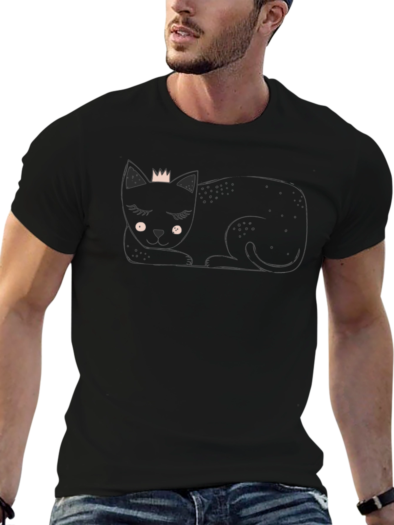 Cute Cat with Crown Black T-Shirt