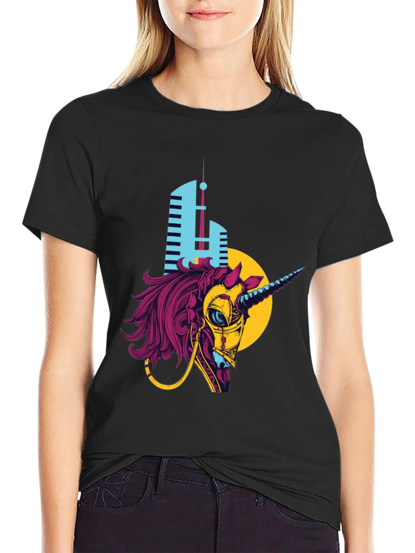 Cyberpunk Unicorn Graphic T-Shirt - Black