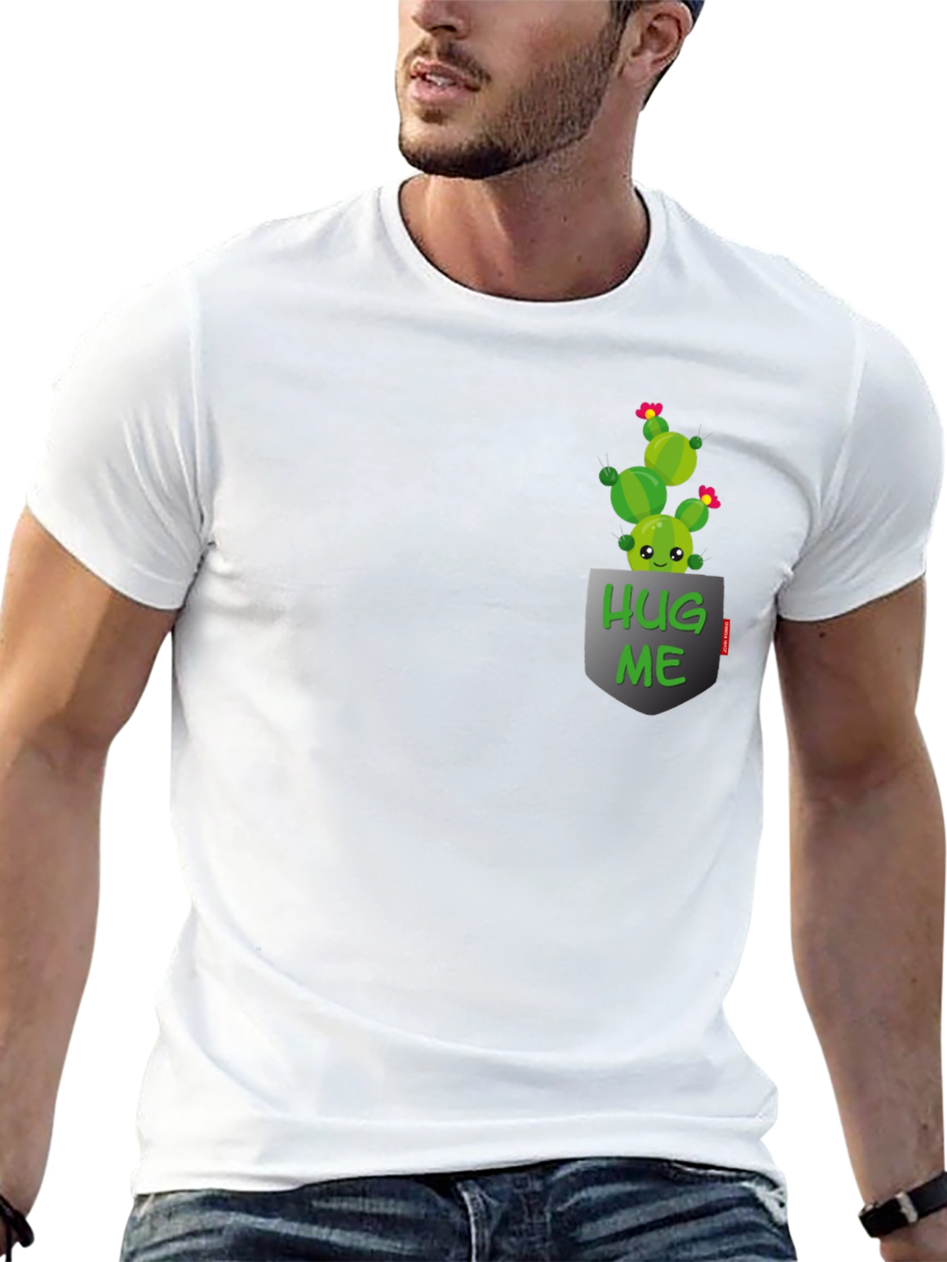 Cute Cactus Hug Me Pocket T-Shirt