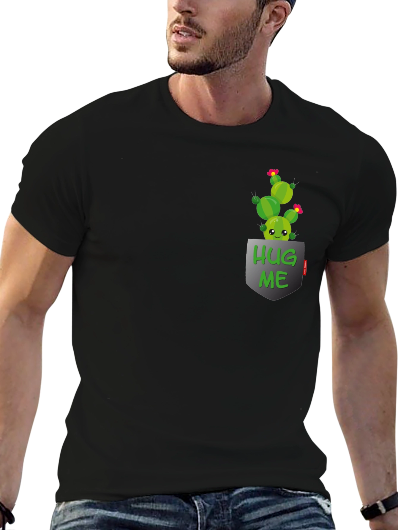 Cute Cactus Hug Me Pocket T-Shirt