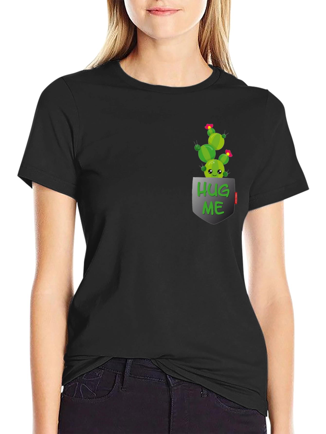 Cute Cactus Hug Me Pocket T-Shirt