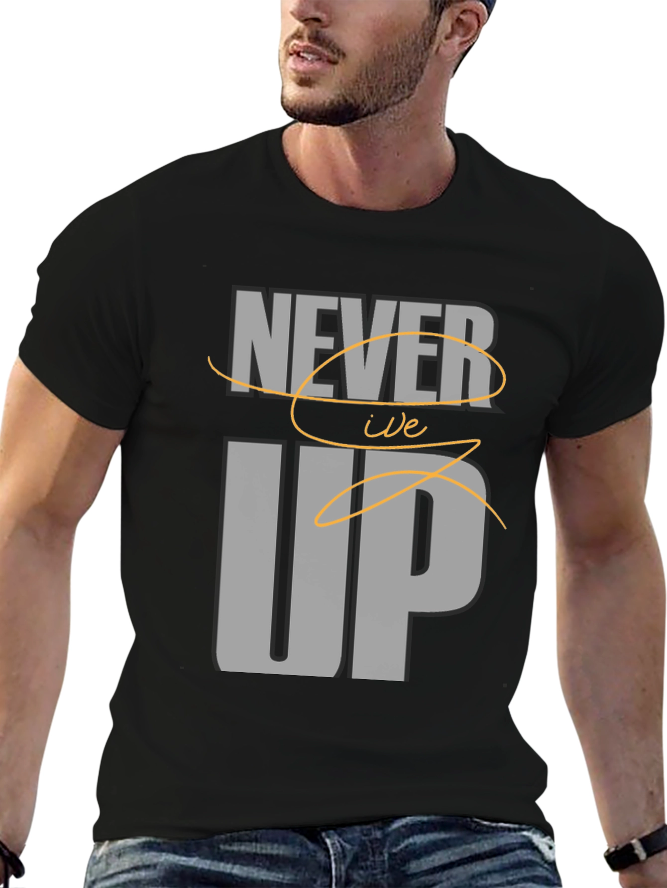 Never Give Up Mens Black Graphic Tee