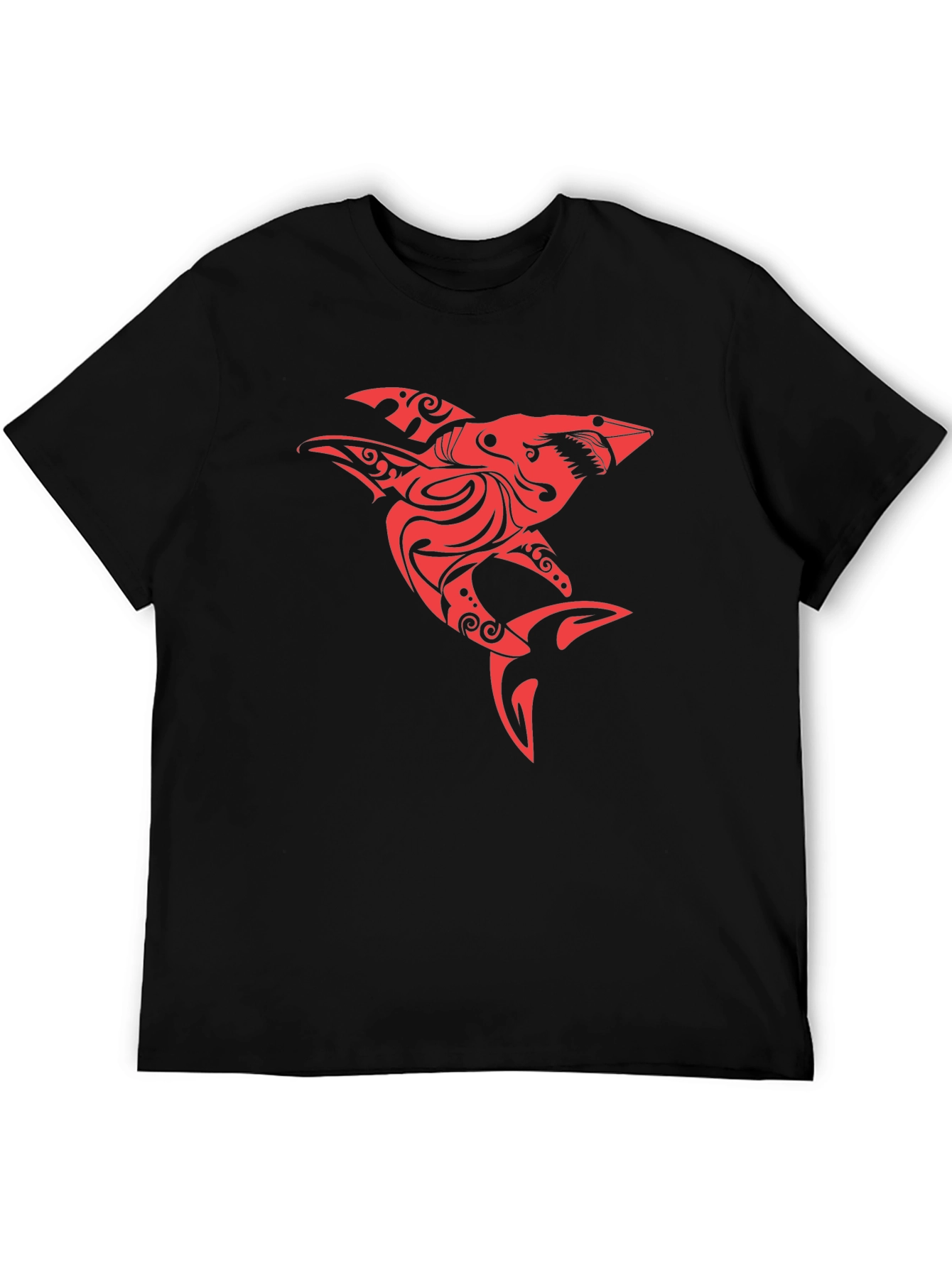 Red Tribal Shark Graphic Tee - Black Cotton Blend