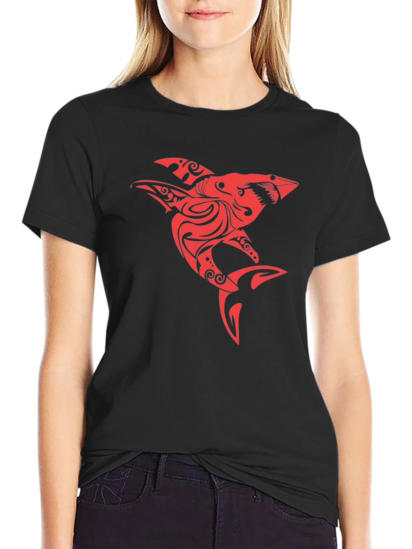 Red Tribal Shark Graphic Tee - Black Cotton Blend
