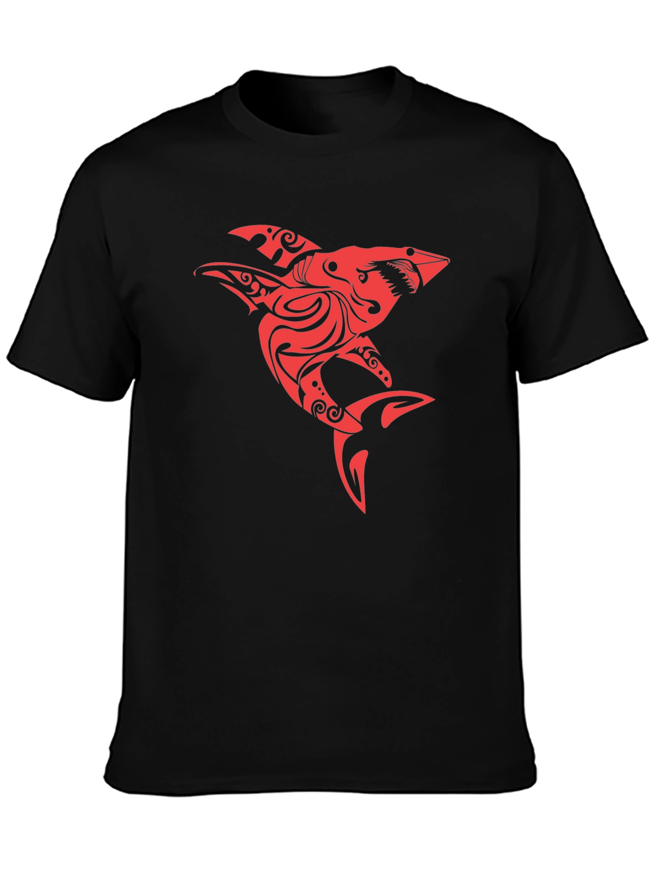 Red Tribal Shark Graphic Tee - Black Cotton Blend