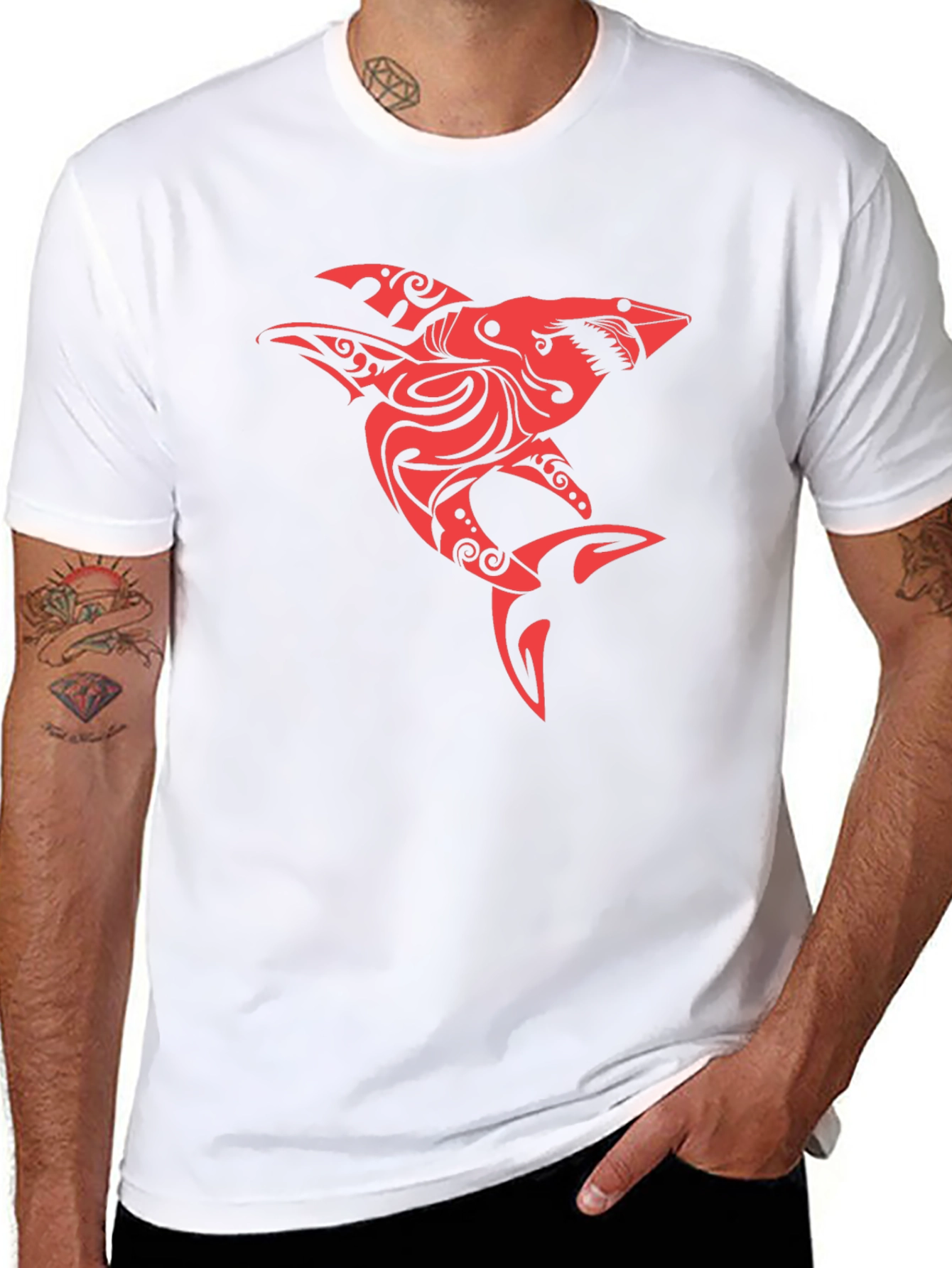 Red Tribal Shark Graphic Tee - Black Cotton Blend