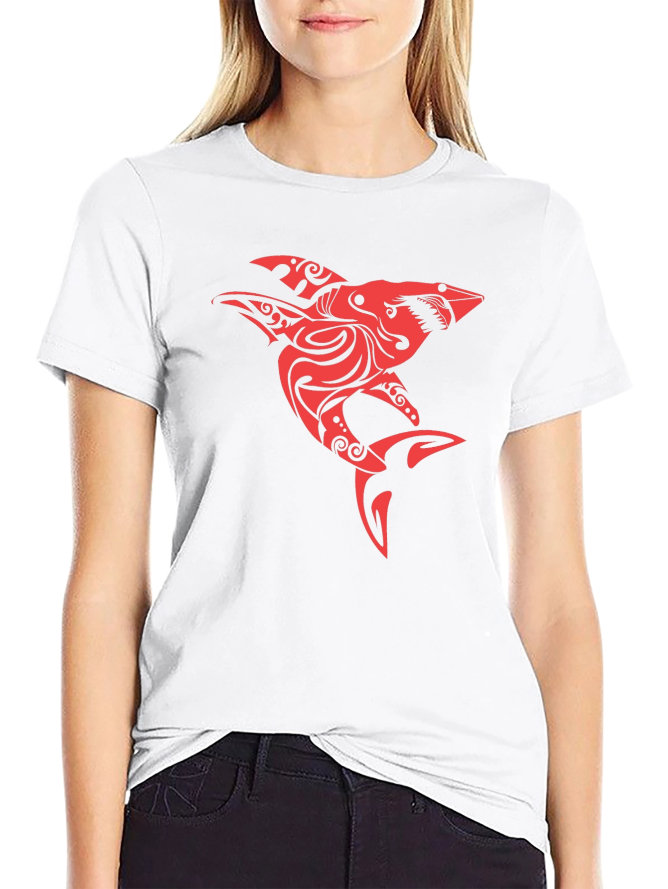 Red Tribal Shark Graphic Tee - Black Cotton Blend