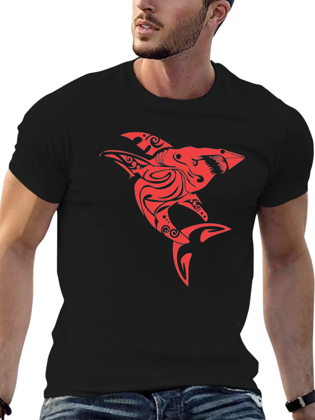 Red Tribal Shark Graphic Tee - Black Cotton Blend