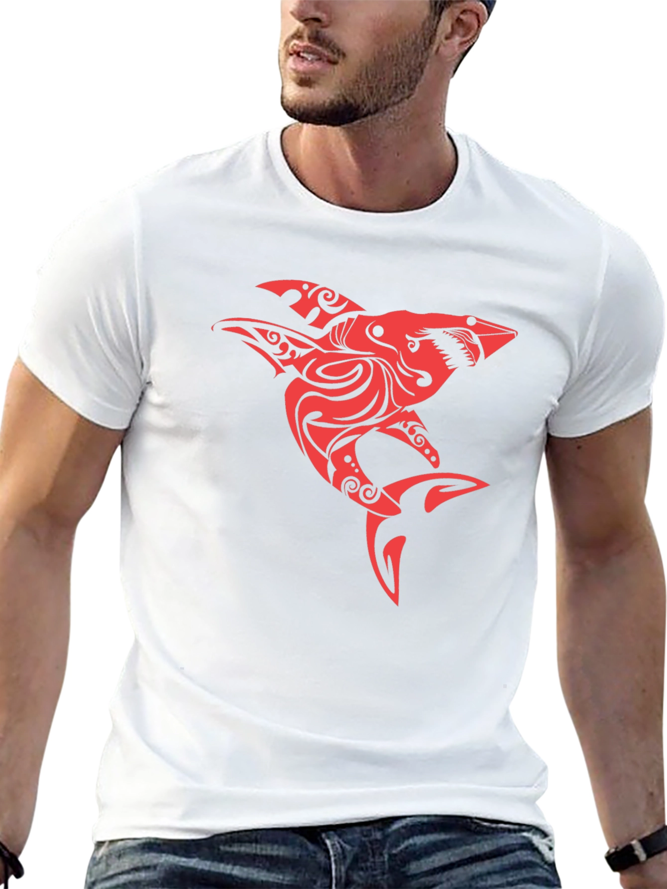 Red Tribal Shark Graphic Tee - Black Cotton Blend
