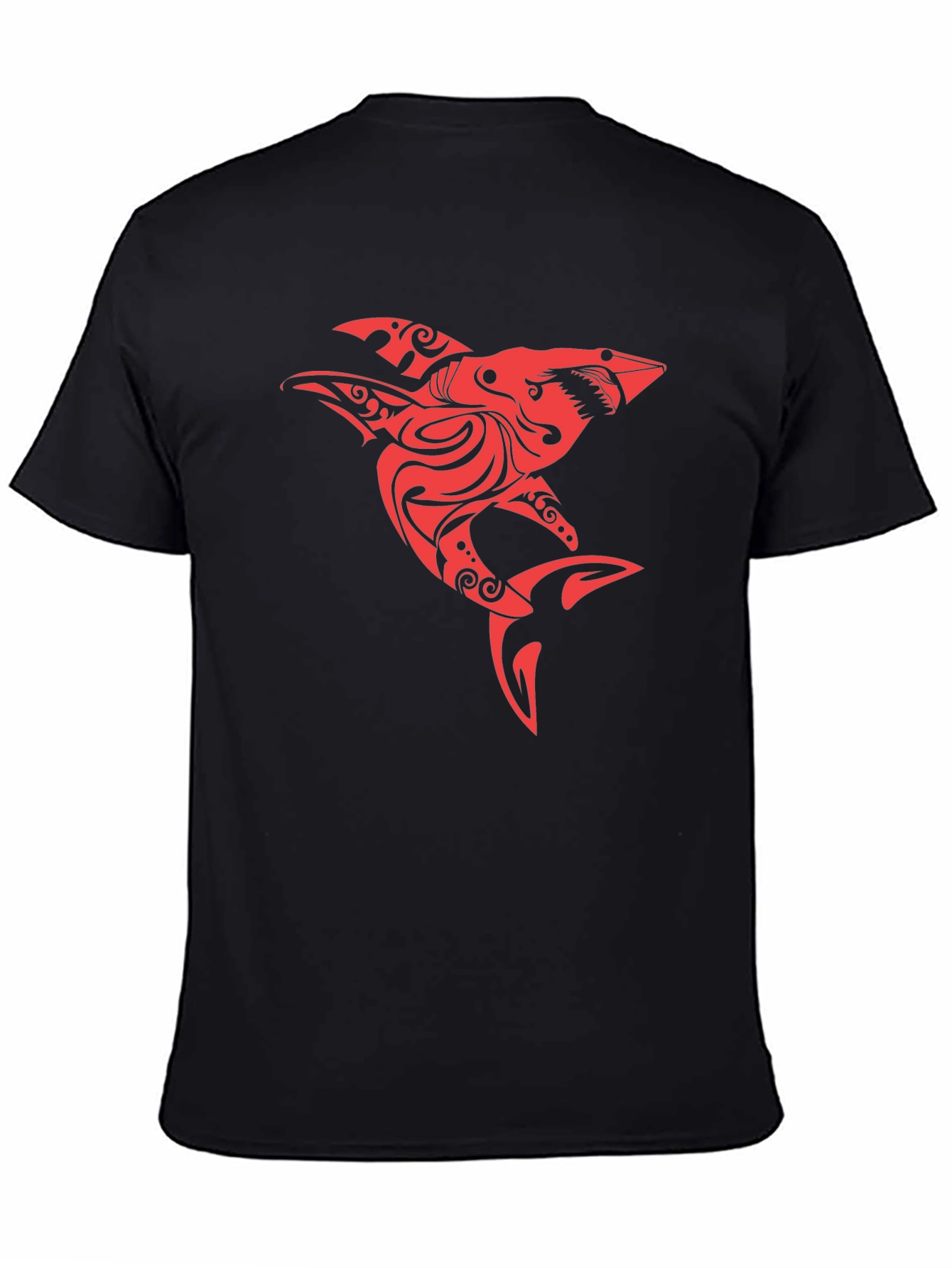 Red Tribal Shark Graphic Tee - Black Cotton Blend