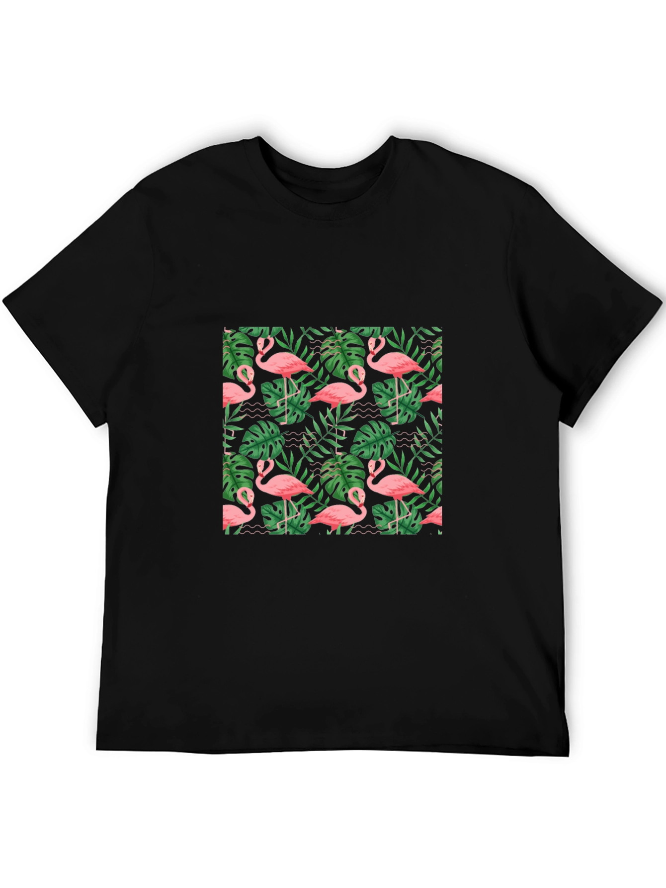 Tropical Flamingo Print Black T-Shirt