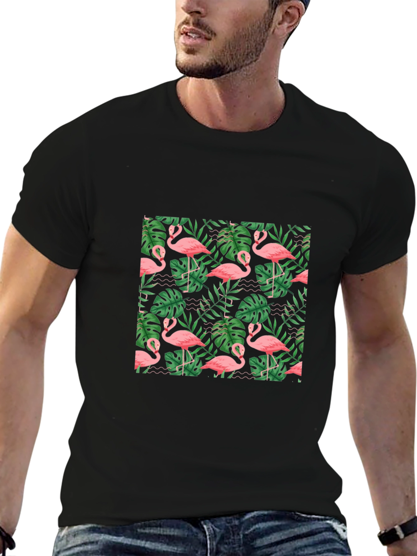 Tropical Flamingo Print Black T-Shirt