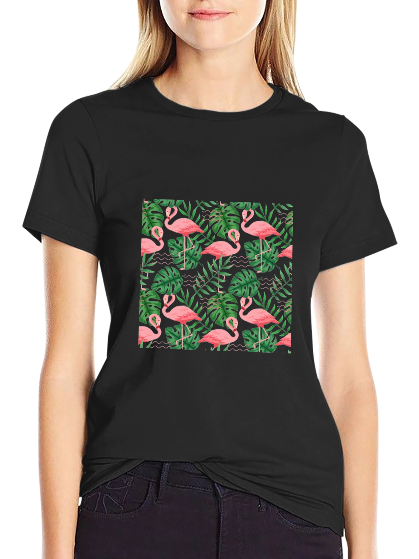 Tropical Flamingo Print Black T-Shirt