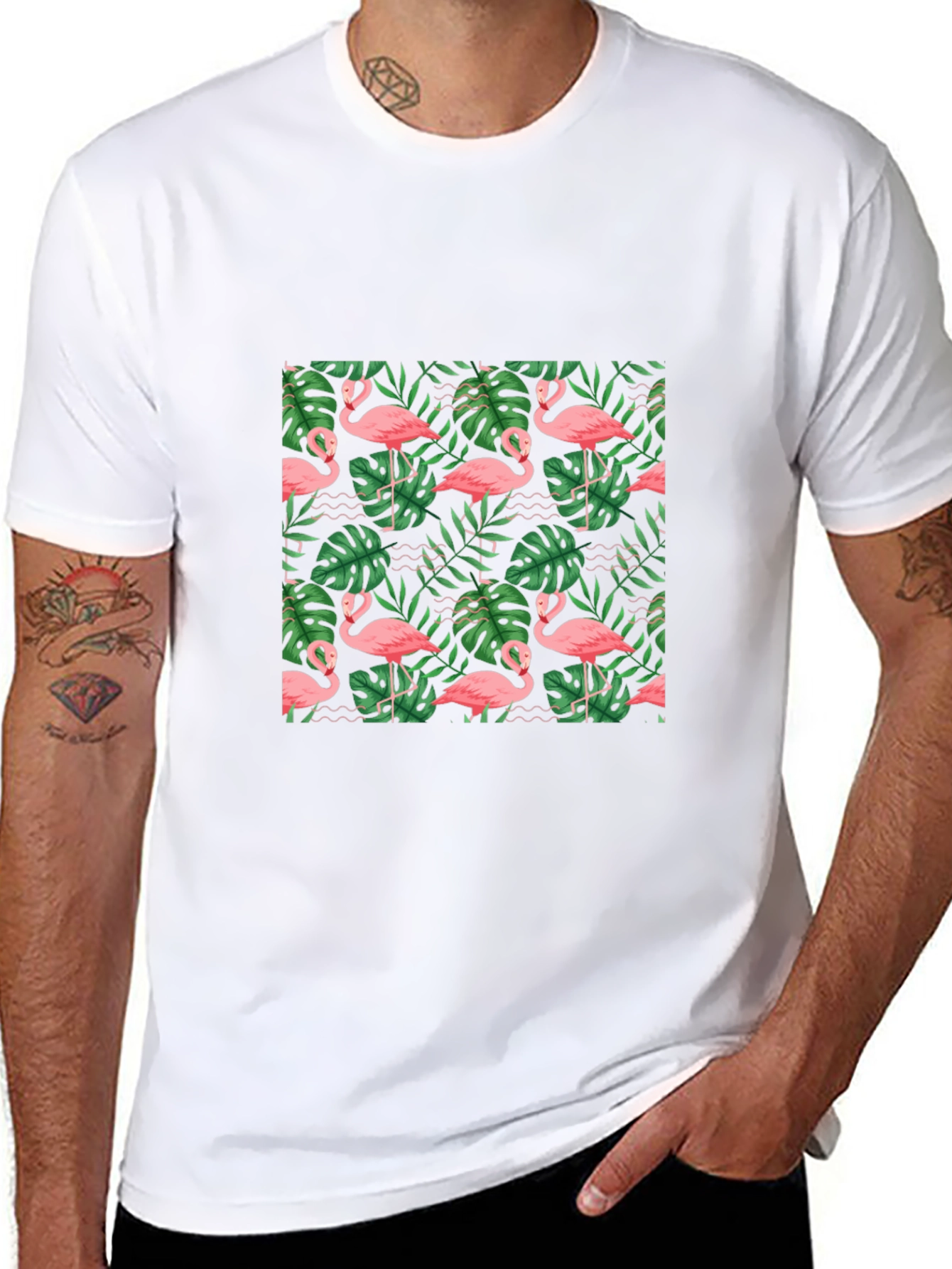 Tropical Flamingo Print Black T-Shirt