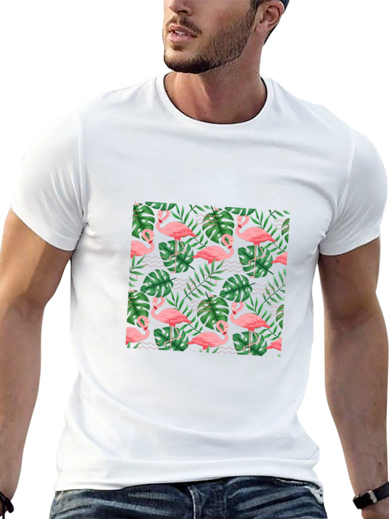 Tropical Flamingo Print Black T-Shirt