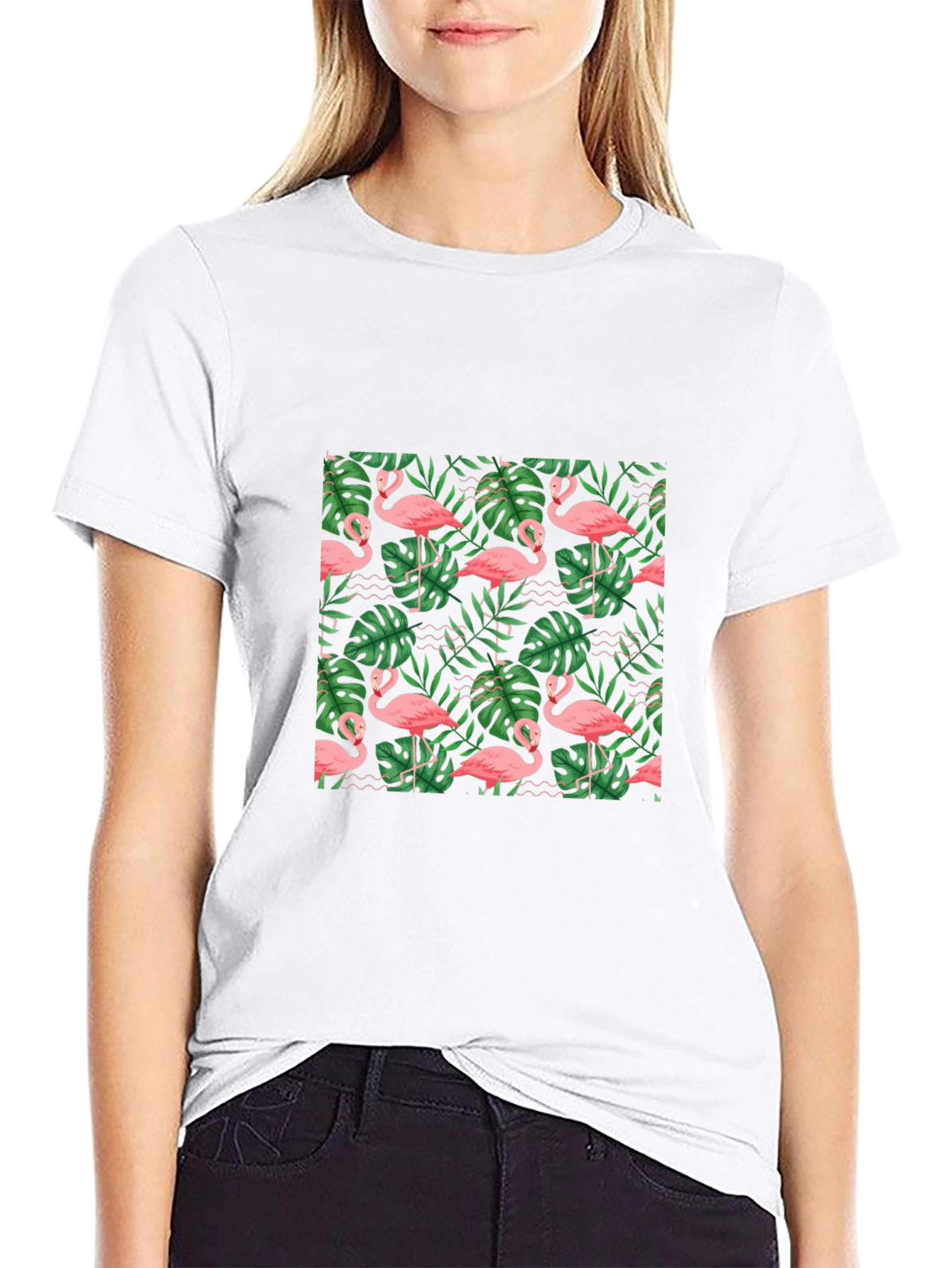 Tropical Flamingo Print Black T-Shirt