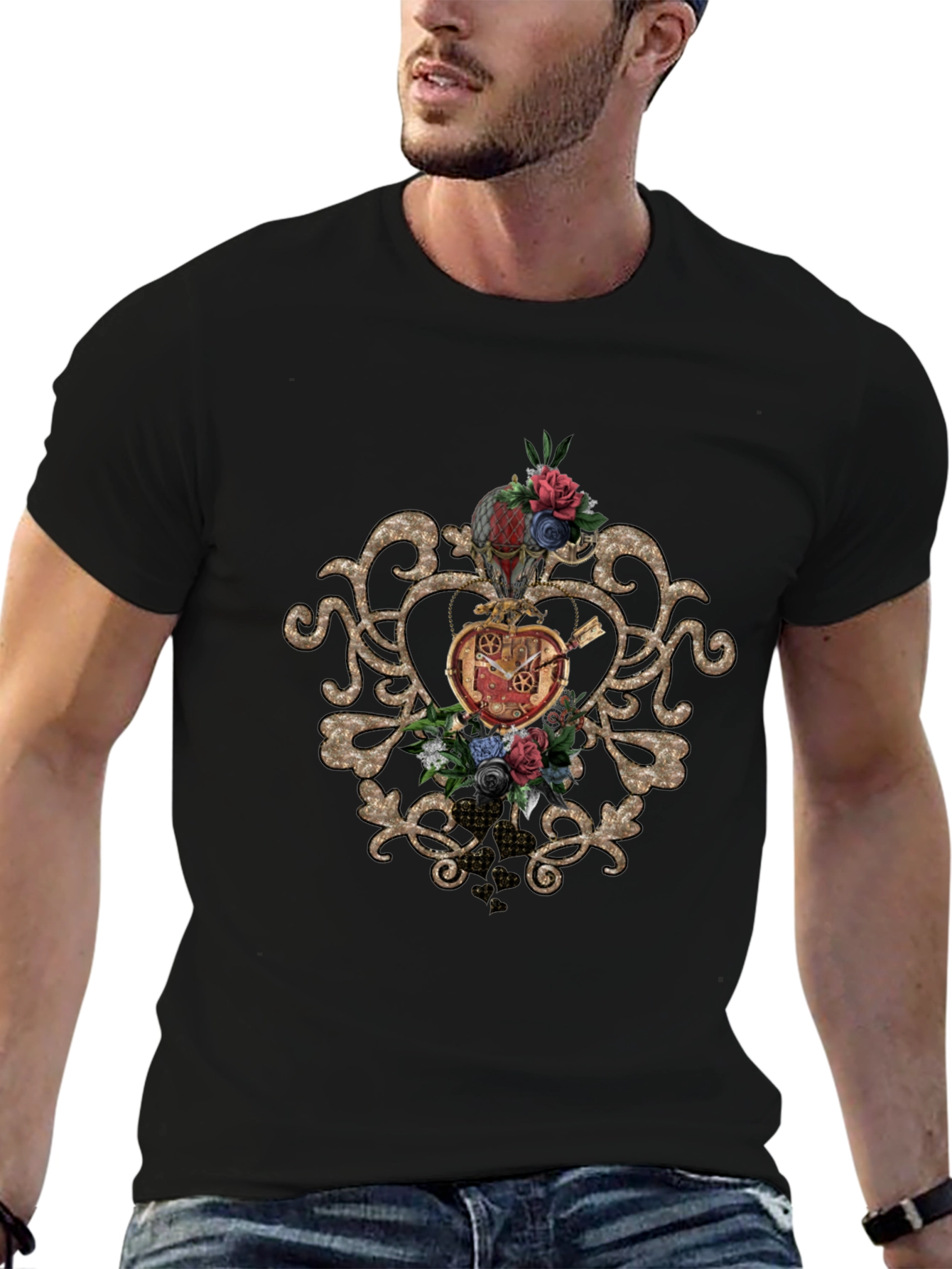 Steampunk Heart & Floral Graphic Black Tee