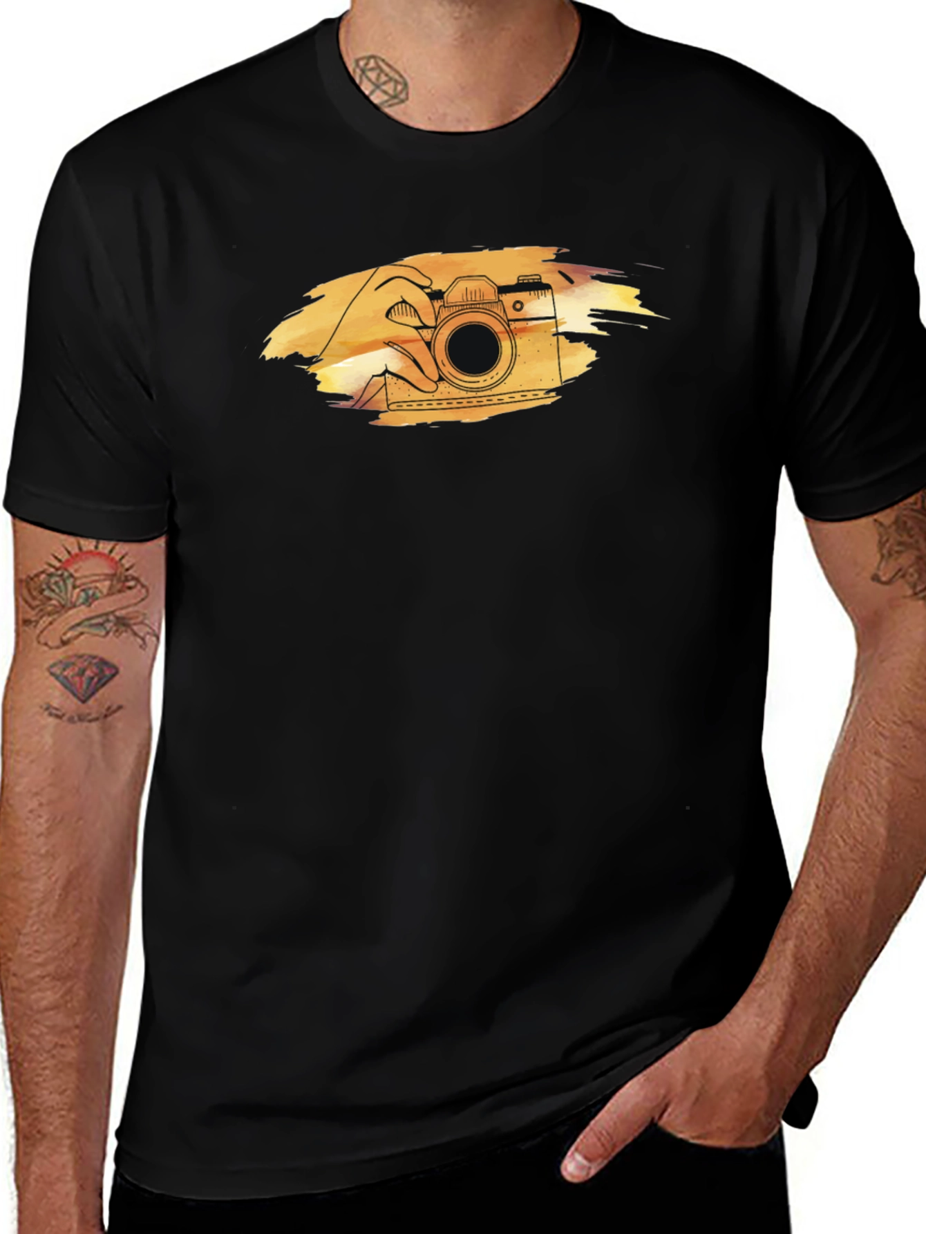 Retro Camera Graphic Tee - Black Cotton T-Shirt