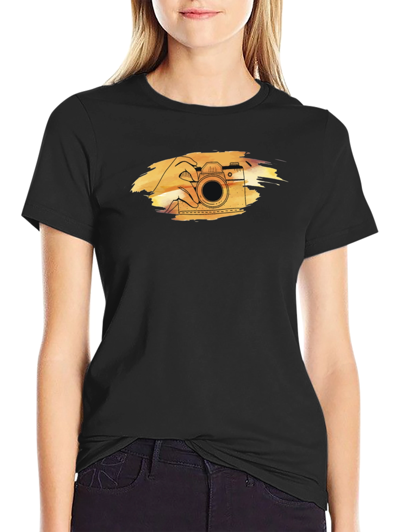 Retro Camera Graphic Tee - Black Cotton T-Shirt