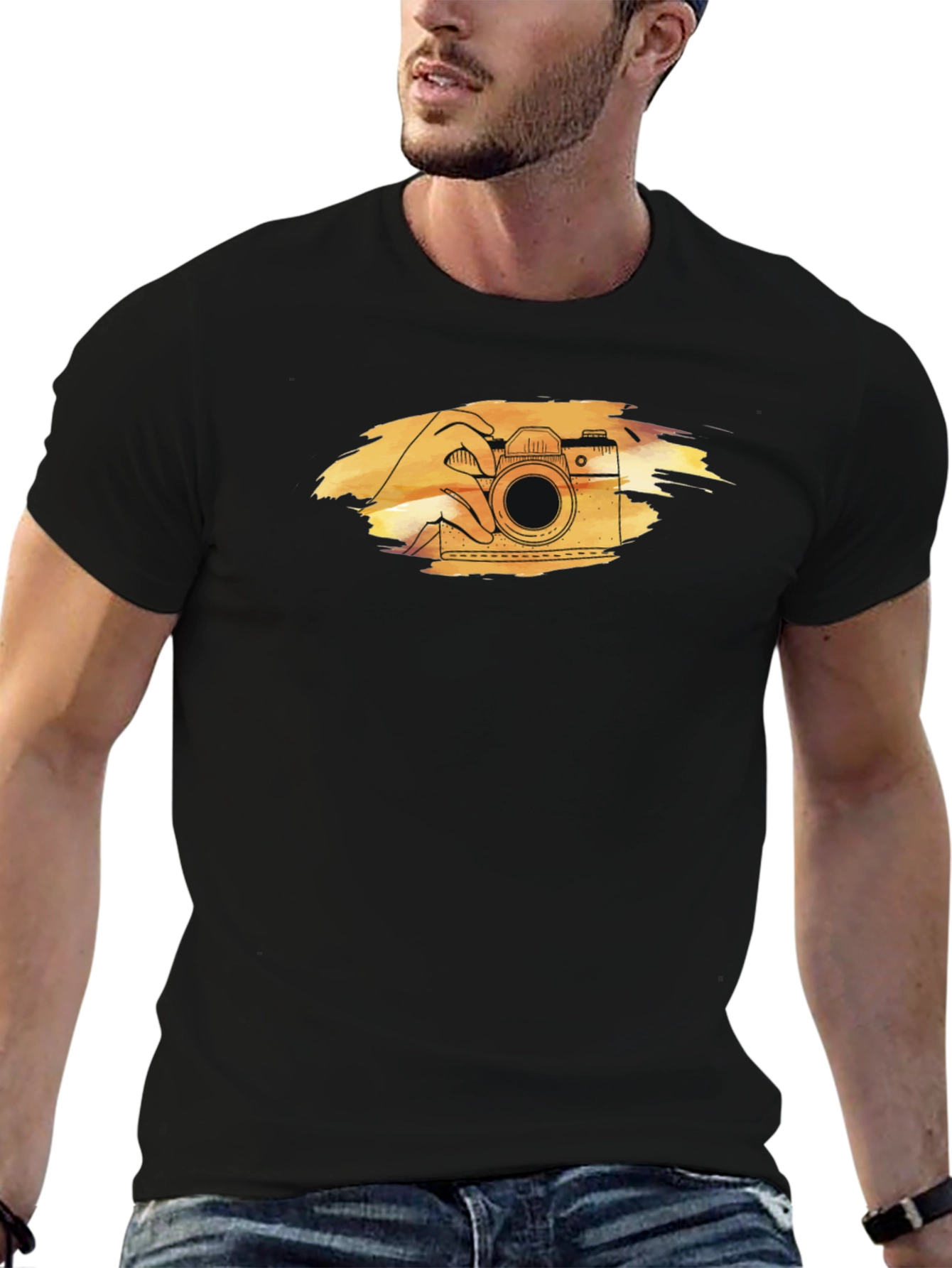 Retro Camera Graphic Tee - Black Cotton T-Shirt